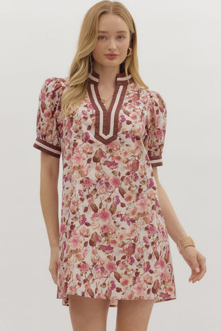 ENTRO Floral Puff Sleeve Mini Dress In Ecru *COMING SOON*