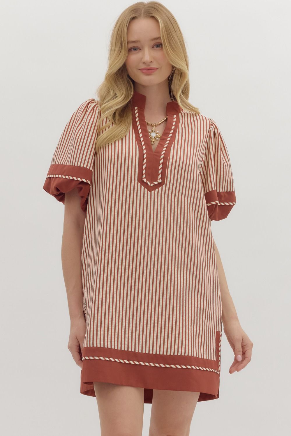 ENTRO Stripe Caftan Dress In Brick
