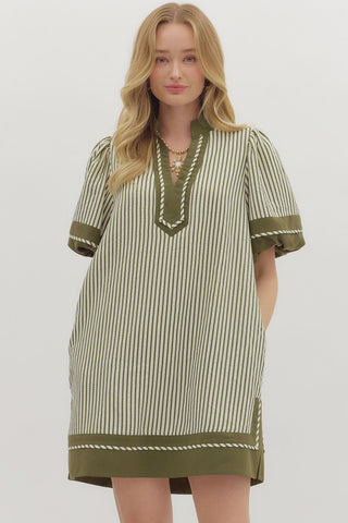 Entro Stripe Caftan Style Dress In Olive  *COMING SOON*