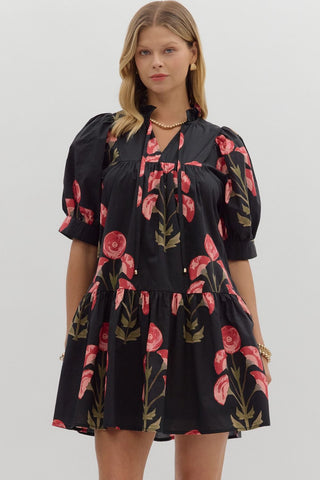 ENTRO Cuff Band Floral Mini Dress In Black