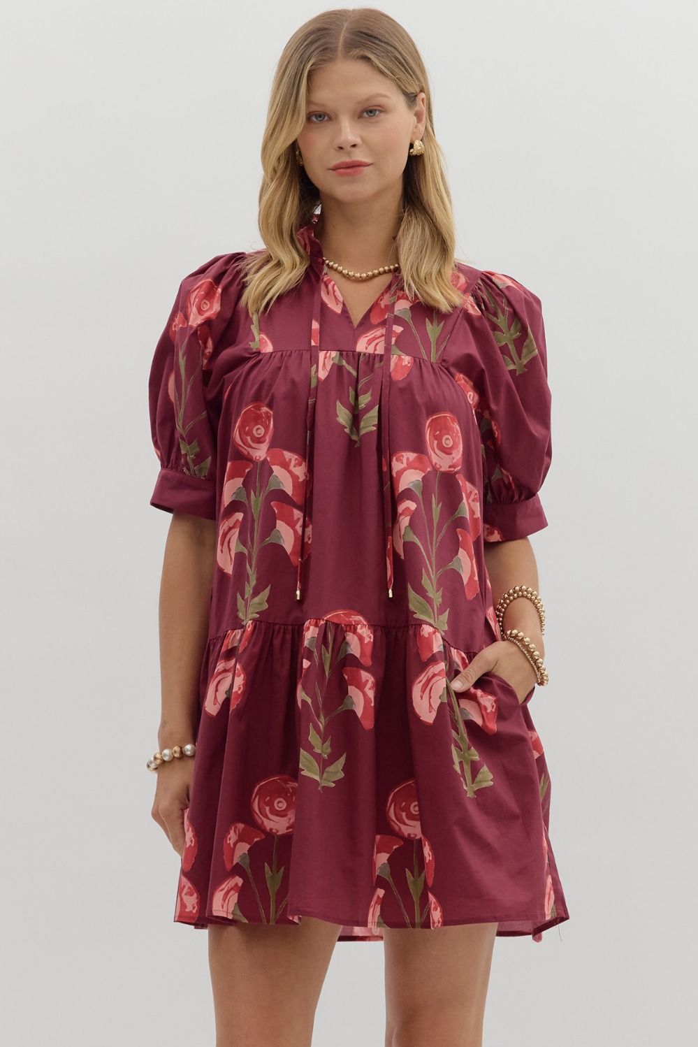 ENTRO Cuff Band Floral Mini Dress In Wine
