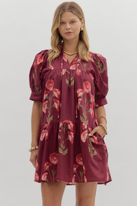 ENTRO Cuff Band Floral Mini Dress In Wine