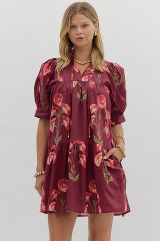 ENTRO Cuff Band Floral Mini Dress In Wine