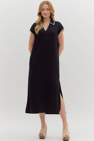 ENTRO Stitch Trim Solid Midi Dress In Black
