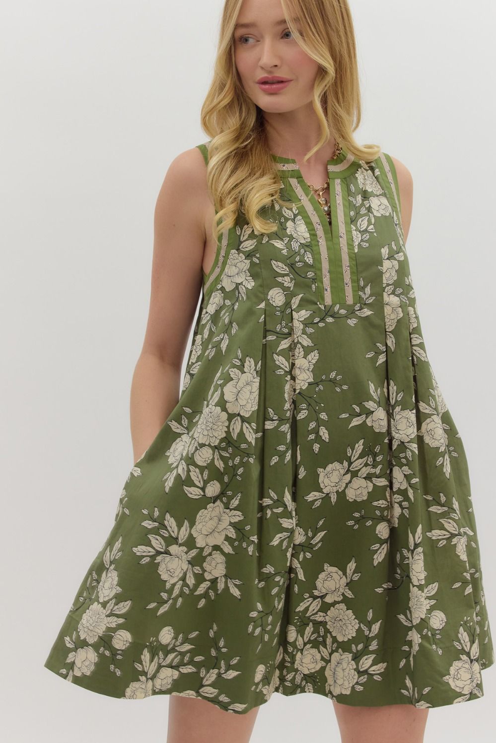 Entro Floral Sleeveless Mini Dress In Olive  *COMING SOON*