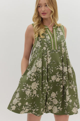 Entro Floral Sleeveless Mini Dress In Olive  *COMING SOON*