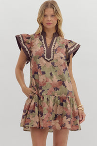 ENTRO Flutter Sleeve Mini Dress With Lace Trim In Brown