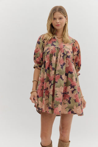 ENTRO 3/4" Sleeve Brown Floral Mini Dress