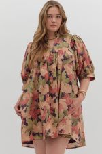 ENTRO Cuff 3/4 Sleeve Mini Dress In Brown IN PLUS Sizes *COMING SOON*