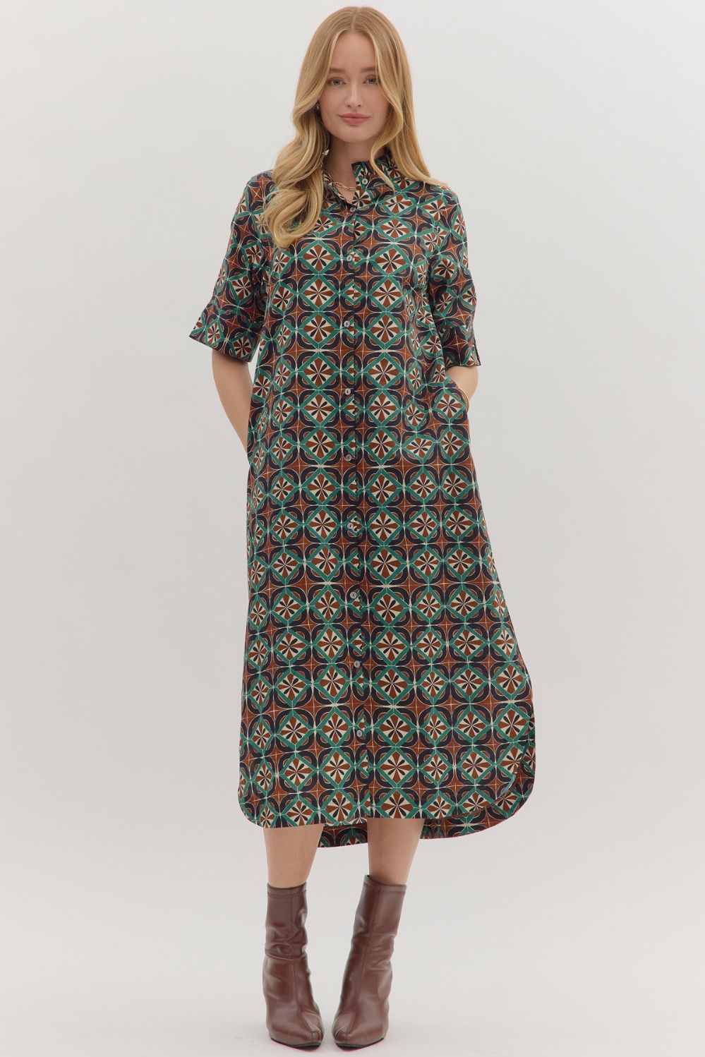 ENTRO Geometric Print Short Sleeve Midi Dress In Brown *COMING SOON*