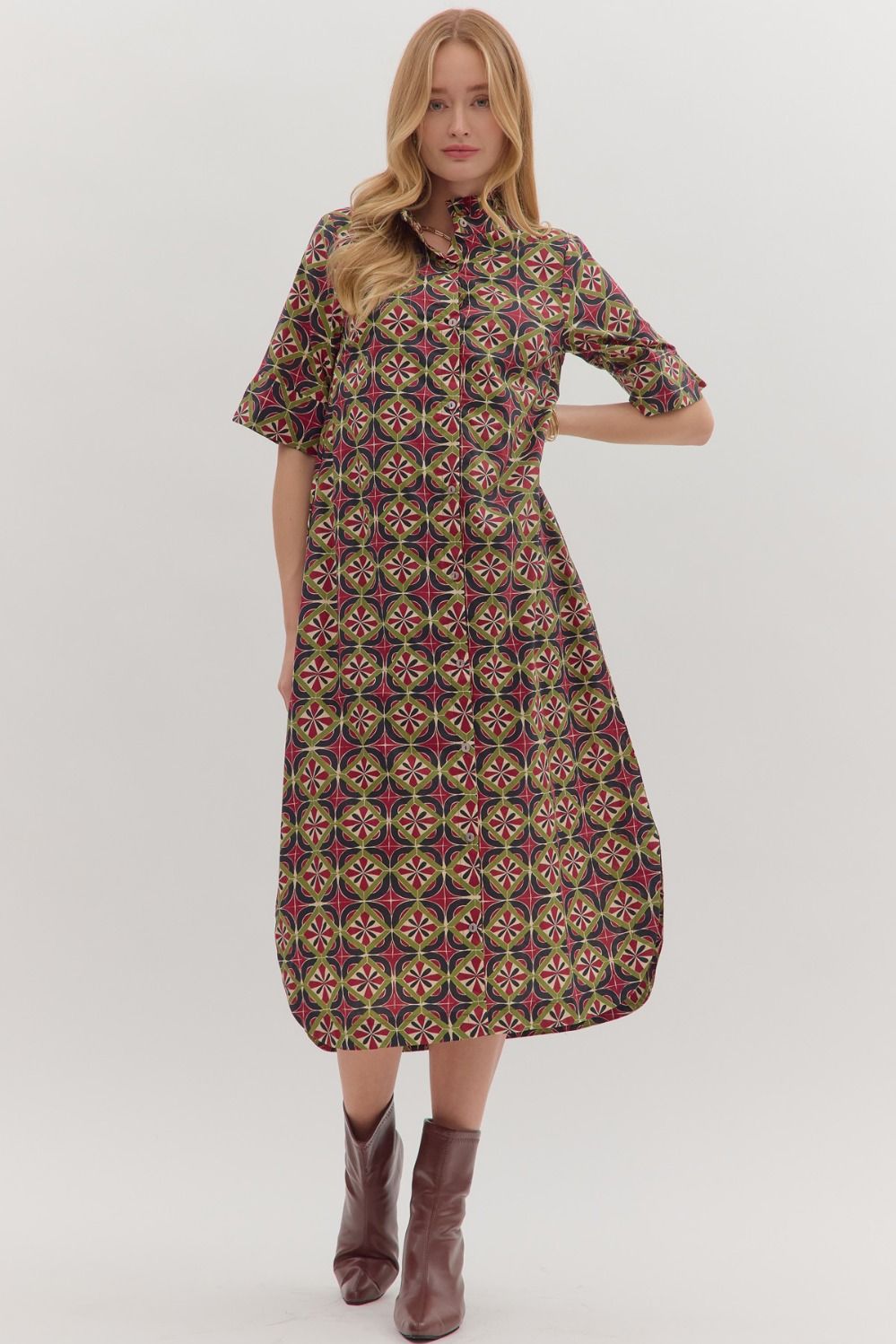 ENTRO Geometric Print Short Sleeve Midi Dress In Wine *COMING SOON*