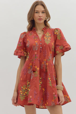 Entro Floral Ruffle Sleeve Mini Dress In Brick  *COMING SOON*