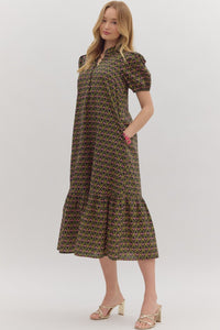 Entro Abstract Floral Puff Sleeve Midi Dress In Black  *COMING SOON*