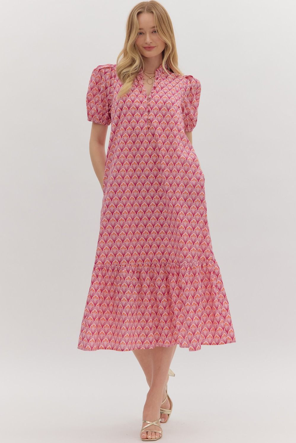 Entro Abstract Floral Puff Sleeve Midi Dress In Pink