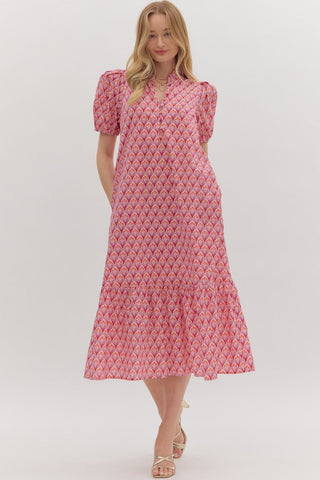 Entro Abstract Floral Puff Sleeve Midi Dress In Pink