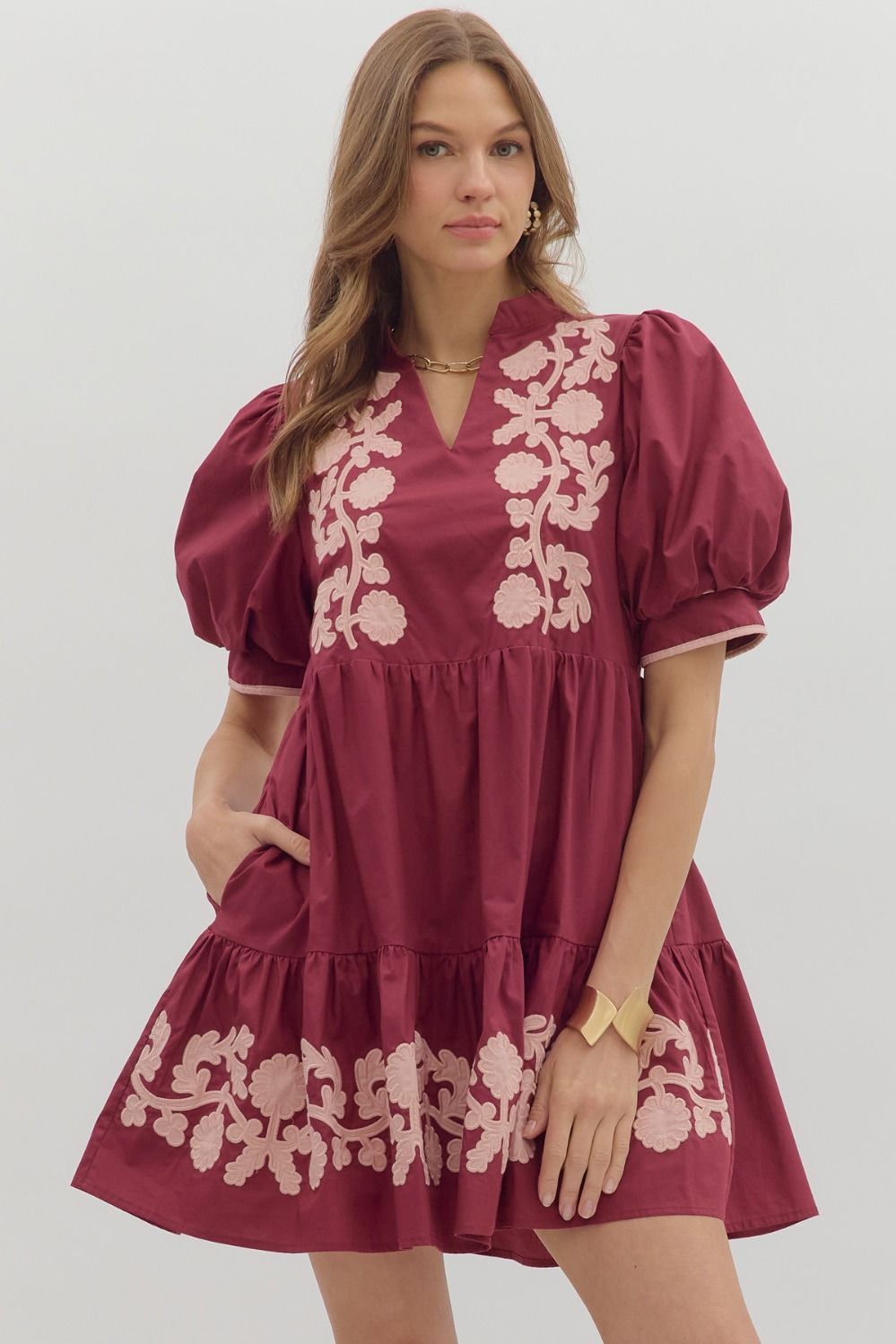 ENTRO Puff Sleeve Mini Dress With Embroidered Details In Burgundy