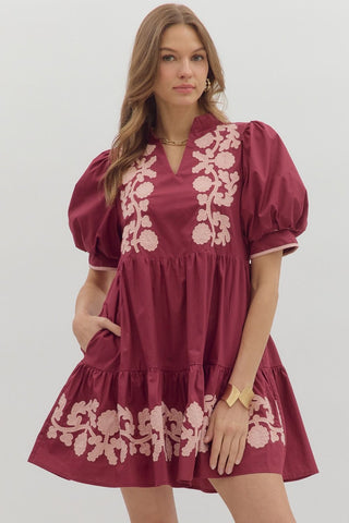 ENTRO Puff Sleeve Mini Dress With Embroidered Details In Burgundy
