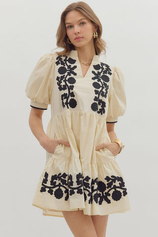 ENTRO Puff Sleeve Mini Dress With Embroidered Details In Ecru