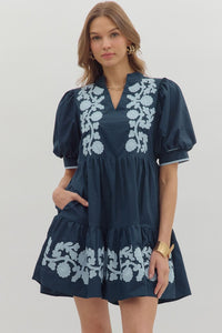 ENTRO Puff Sleeve Mini Dress With Embroidered Details In Navy