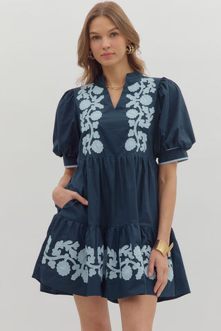 ENTRO Puff Sleeve Mini Dress With Embroidered Details In Navy