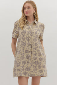 ENTRO Floral Printed Denim Mini Shirt Dress In Taupe