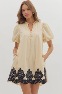 Entro Short Sleeve Puff Mini Dress With Contrast Embroidered Hem In Ecru *COMING SOON*