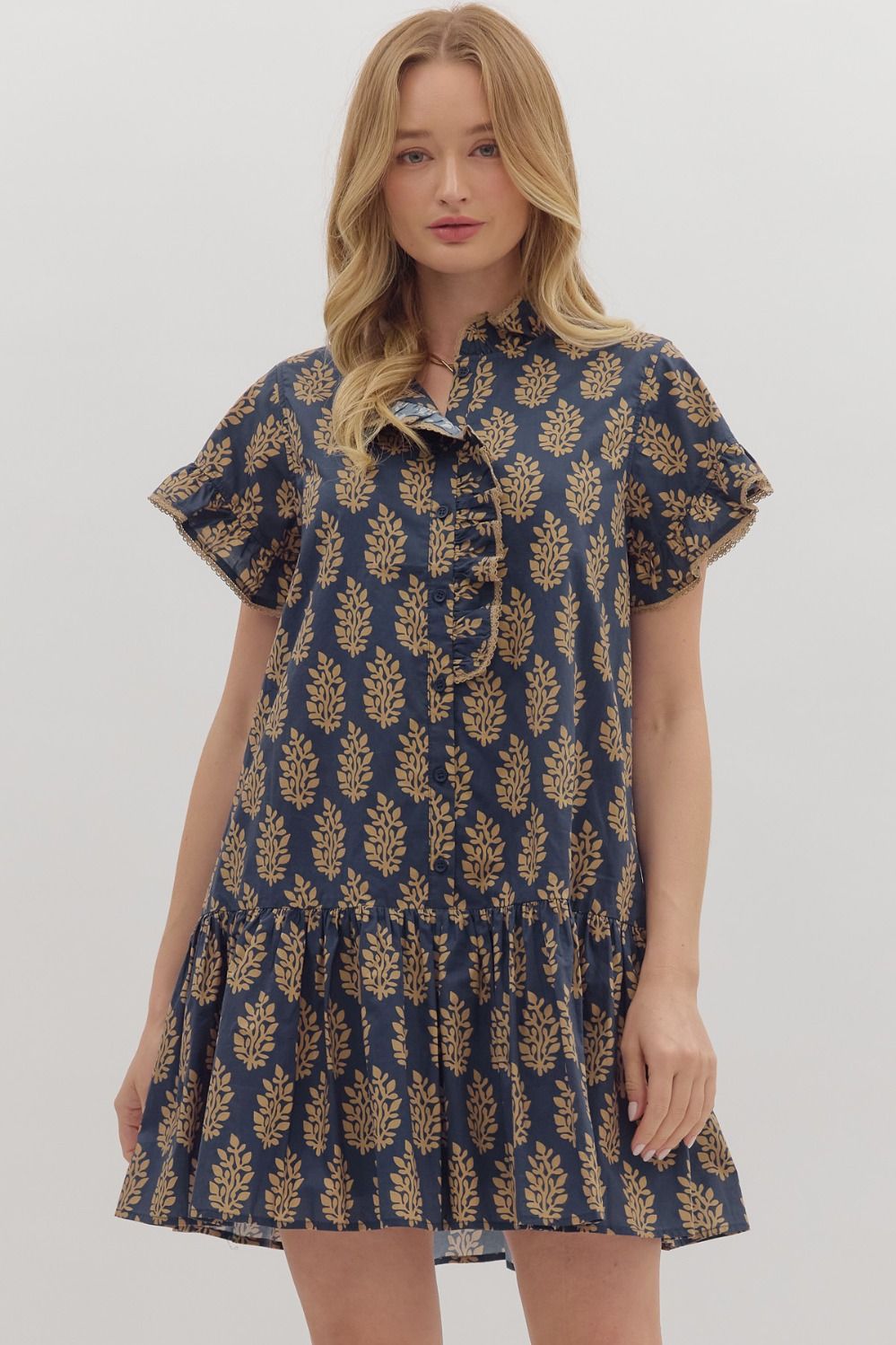 Entro Botanical Print Flutter Sleeve Dress In Midnight *Coming Soon*