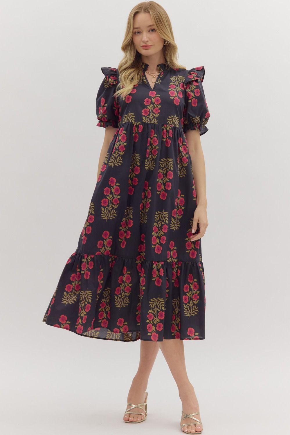 Entro Floral Puff Sleeve Midi Dress In Black *COMING SOON*