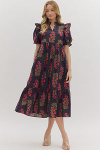Entro Floral Puff Sleeve Midi Dress In Black *COMING SOON*