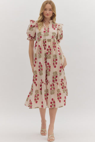 Entro Floral Puff Sleeve Midi Dress In Red Ecru *COMING SOON*