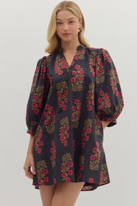 Entro Floral 3/4 Sleeve Mini Dress In Black