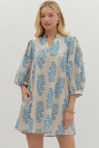 ENTRO Floral V Neck Mini Dress With 3/4 Puff Sleeve In Blue