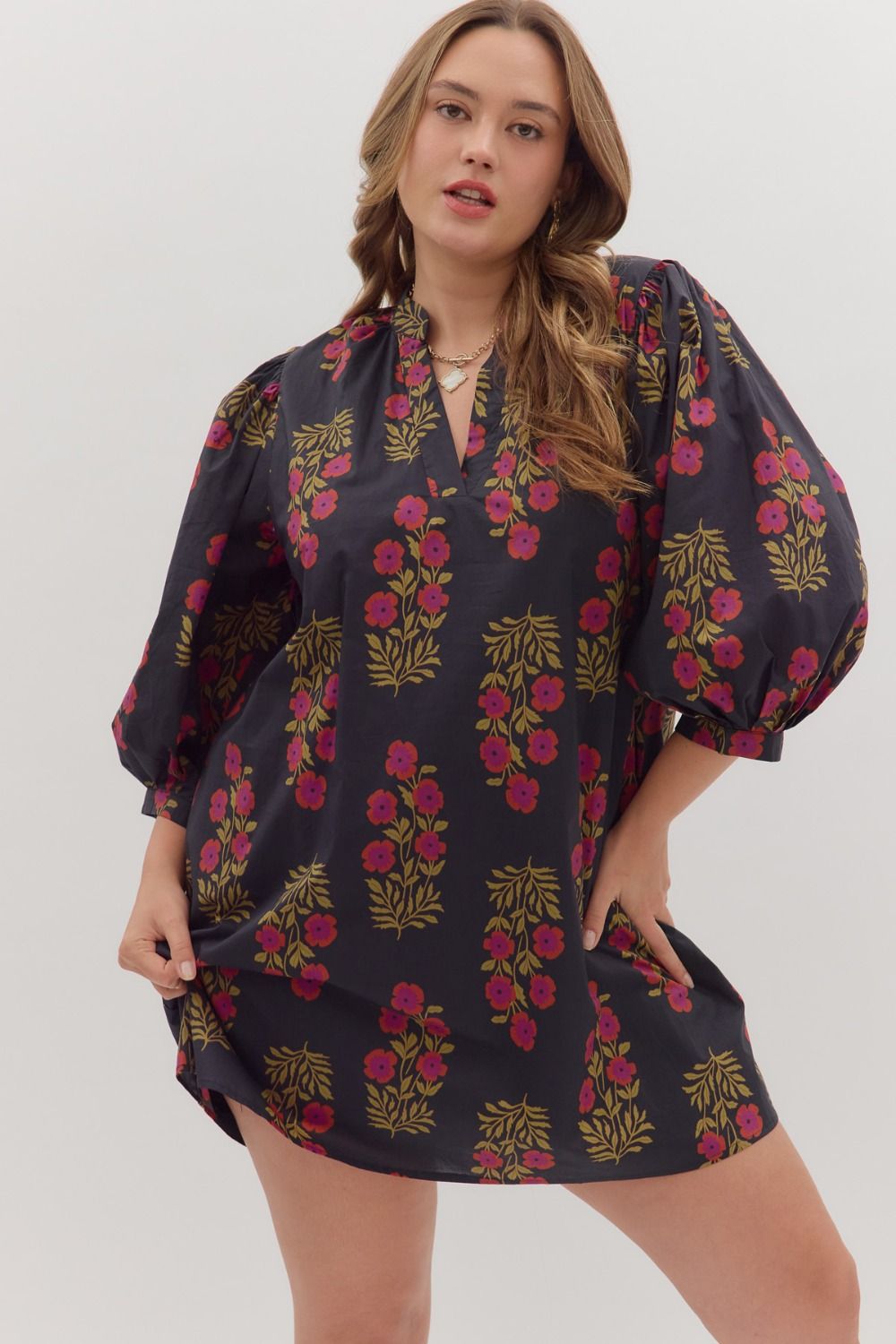 ENTRO Floral 3/4 Sleeve V Neck Mini Dress In Black PLUS Sizes