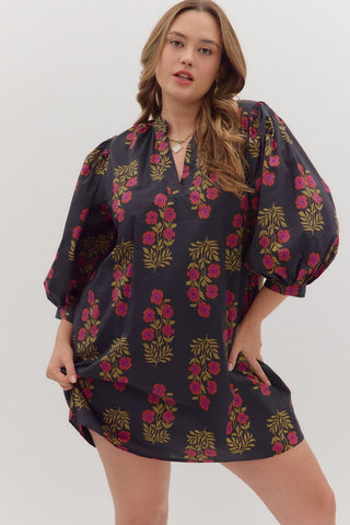 ENTRO Floral 3/4 Sleeve V Neck Mini Dress In Black PLUS Sizes