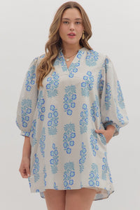 ENTRO Floral 3/4 Sleeve V Neck Mini Dress In Blue PLUS Sizes