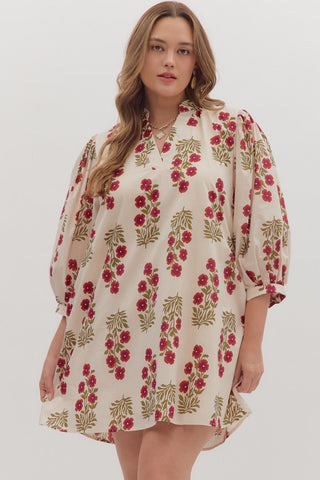 ENTRO Floral 3/4 Sleeve V Neck Mini Dress In Red Ecru PLUS Sizes