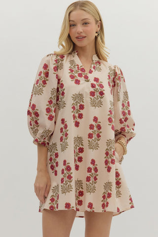 Entro Floral 3/4 Sleeve Mini Dress In Ecru *COMING SOON*