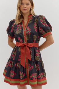 ENTRO Floral Ruffle Hem Tie Waist Mini Dress In Black *COMING SOON*