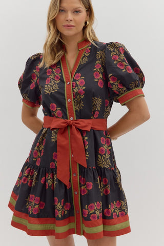 ENTRO Floral Ruffle Hem Tie Waist Mini Dress In Black *COMING SOON*