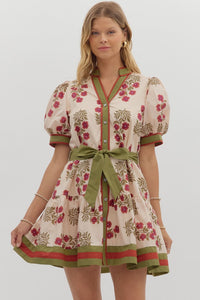 ENTRO Floral Ruffle Hem Tie Waist Mini Dress In Ecru