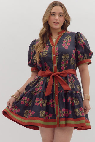 ENTRO Floral Ruffle Hem Mini Dress With Belt In Black PLUS Sizes *COMING SOON*