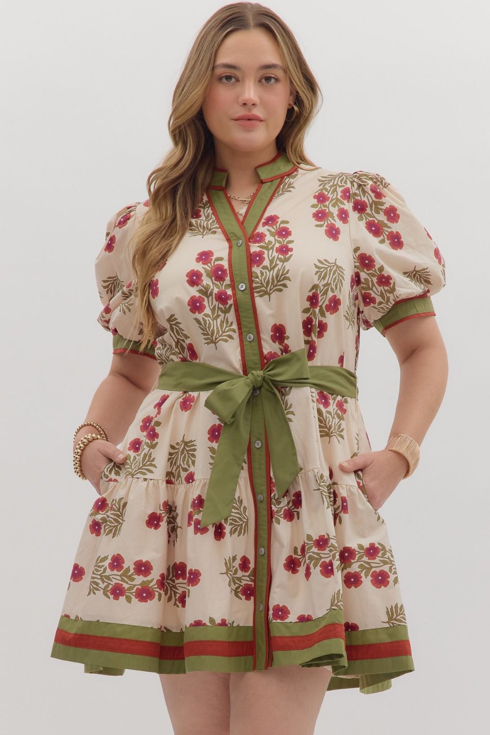 ENTRO Floral Ruffle Hem Mini Dress With Belt In Red Ecru PLUS Sizes *COMING SOON*