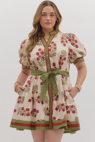 ENTRO Floral Ruffle Hem Mini Dress With Belt In Red Ecru PLUS Sizes *COMING SOON*