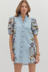 ENTRO Ruffle Neck Floral Sides Mini Dress In Chambray