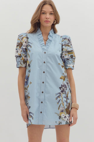 ENTRO Ruffle Neck Floral Sides Mini Dress In Chambray