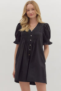 ENTRO Smocked Band Pintuck Mini Dress In Black