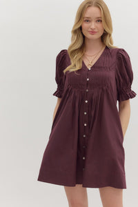 ENTRO Smocked Band Pintuck Mini Dress In Merlot