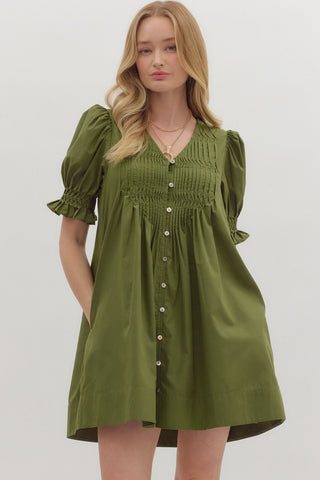 ENTRO Smocked Band Pintuck Mini Dress In Olive