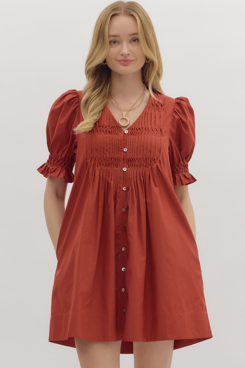 ENTRO Smocked Band Pintuck Mini Dress In Rust