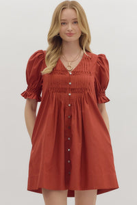 ENTRO Smocked Band Pintuck Mini Dress In Rust
